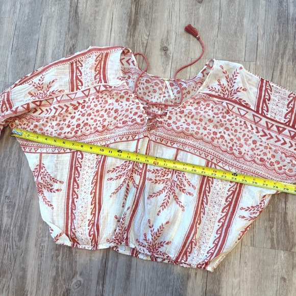 Free People Boho Lace Up Tassel Blouse Top Cream Red Long Sleeves Size Small - Picture 8 of 11